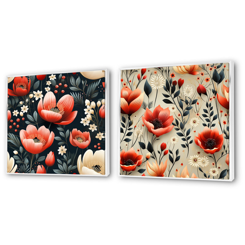 Grenadier - Ensemble de 2 décorations murales florales, Cadre blanc, H 16 po x l 33 po x P 1 po