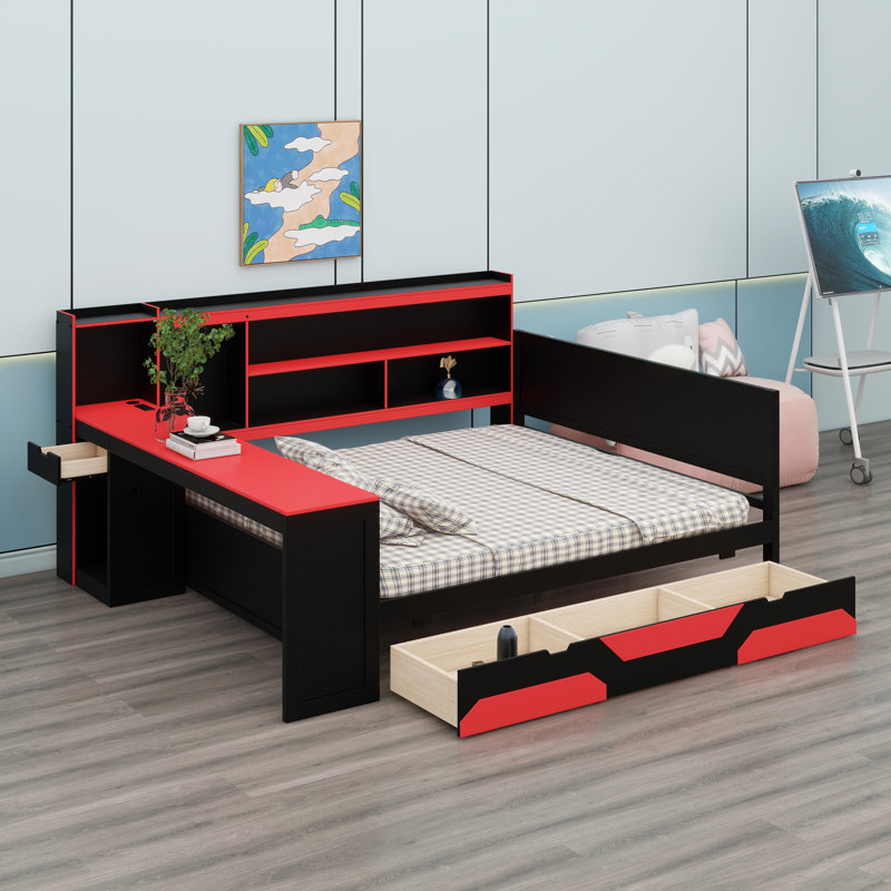 Lit de jour multifonctionnel avec tablette de tête de lit et espace de travail, Noir et rouge