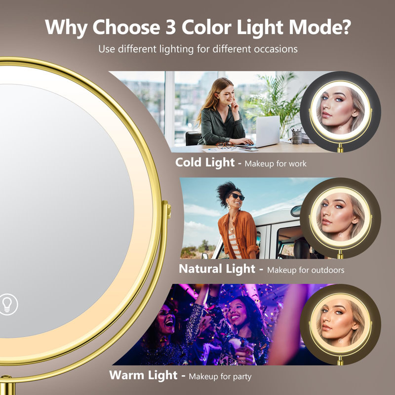 Lighted Makeup Mirror, Rechargeable Height Adjustable Double Sided, 1X/10X Magnifying With 3 Color, 360° Rotation Vanity