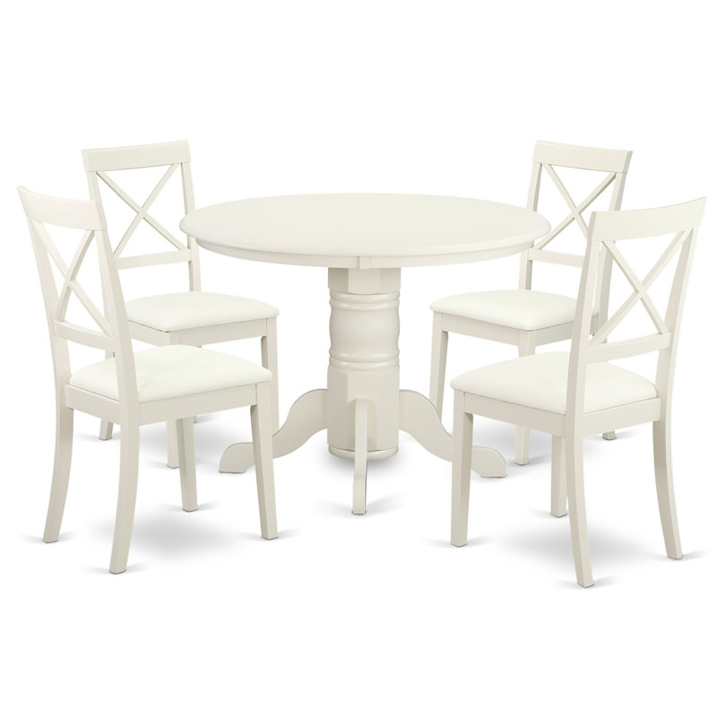 5 Piece Kitchen Table Set for 4 Includes a Round Dining Room Table with Pedestal and 4 Faux Leather Dining Chairs, Linen White