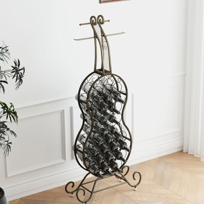 Metal Wine Holder With Rustic Appeal, Antique Brown, Cello Shape, Space For Dining Area, Holds Liquor And Style Storage, Gold Finish, Brown Metal, Home, Organizes