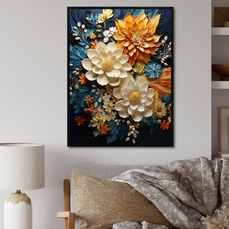 Humira orange sarcelle botanique tourbillon II - art botanique abstrait, H 40 po x l 30 po, Reproduction avec cadre flottant