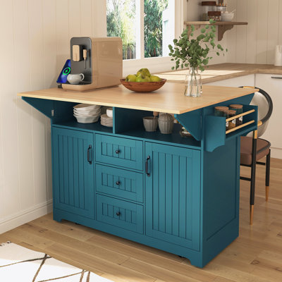 Grand îlot de cuisine 55,7 po avec 2 abattants, chariot de cuisine roulant sur 5 roulettes avec prise de courant, table de salle à manger pliante avec porte-épices et porte-serviettes, 3 tiroirs, pour la cuisine, la salle à manger, vert