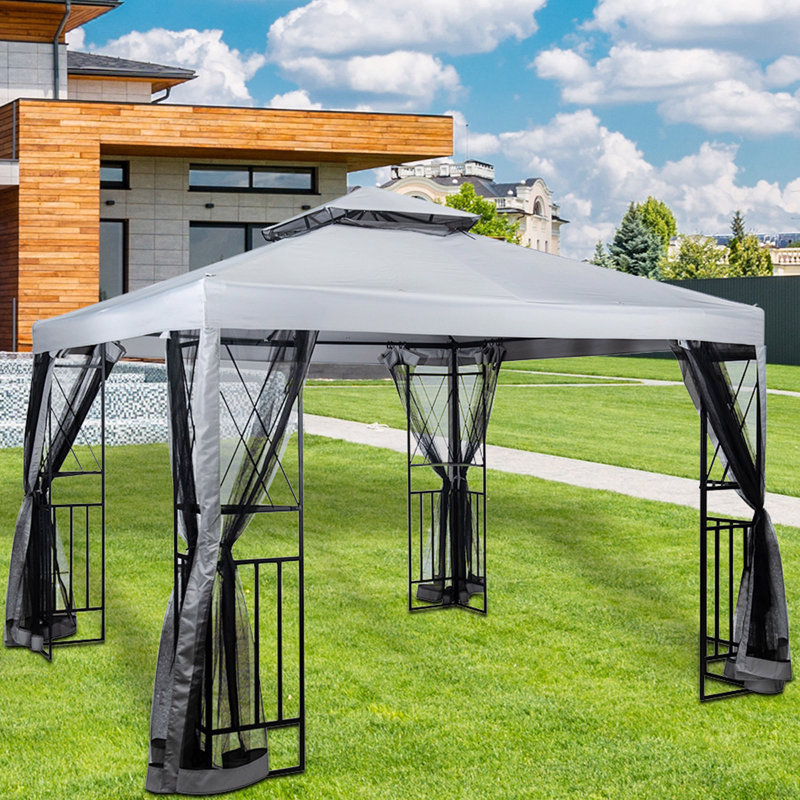 10' X 10' Patio Gazebo With Mosquito Net And Corner Shelves