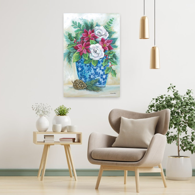 Jardinière de Noël, pin contemporain, poinsettia, art floral hivernal, H 36 po x l 24 po