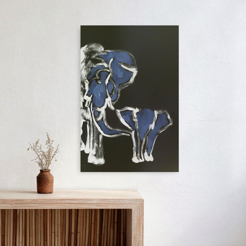 Blue Elephant Family Abstract Contemporary Minimalist Elephant Wildlife Wall Art, 24" H x 16" W