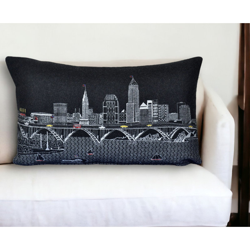 Coussin décoratif noir Cleveland Nighttime Skyline, Gris, 14 po x 24 po