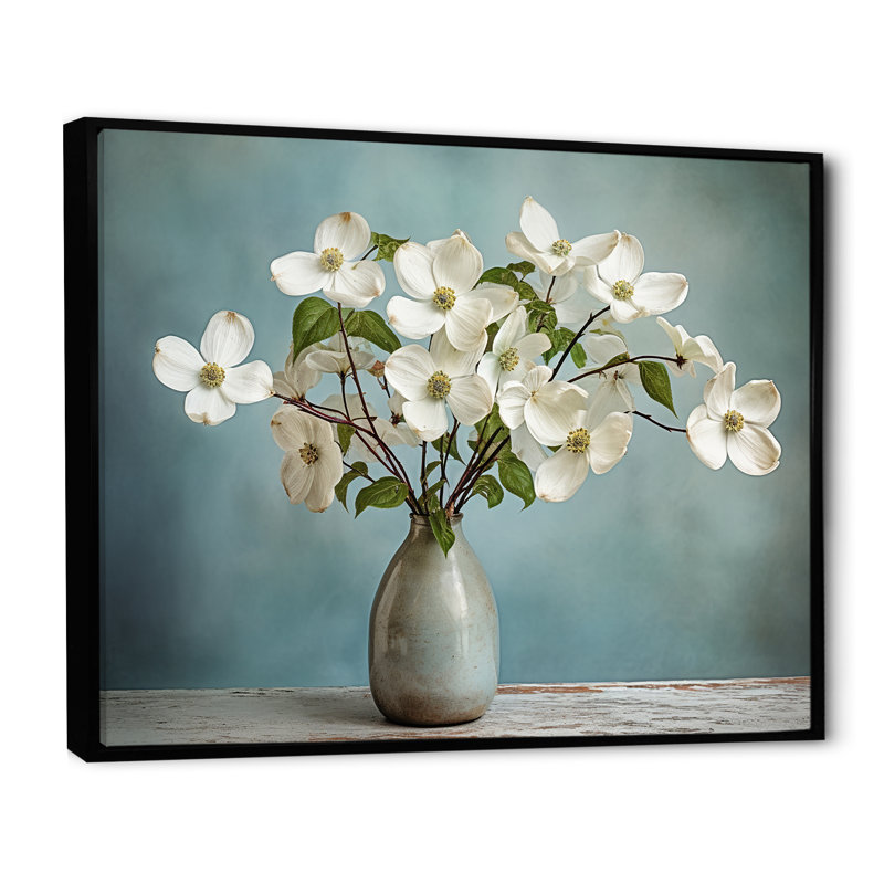 «Dogwood Bouquet Still Life» sur toile, Cadre flottant noir, H 12 po x l 20 po x P 1 po
