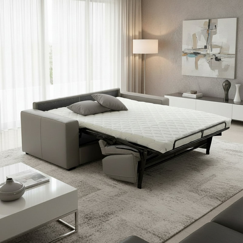 Canapé-lit à accoudoirs larges en cuir véritable à grain large de 85 po avec matelas en mousse à mémoire de forme Cappella