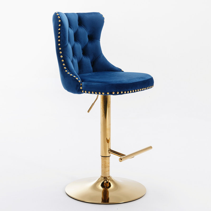 Swivel Velvet Barstools with Adjusatble Seat Height, Gold, Blue