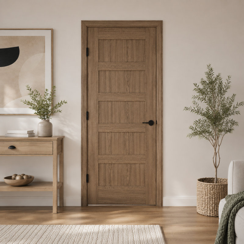 Porte intérieure pré-montée en bois de noyer massif à 5 panneaux en placage d'ingénierie avec cadre, 24 po x 80 po, Oui