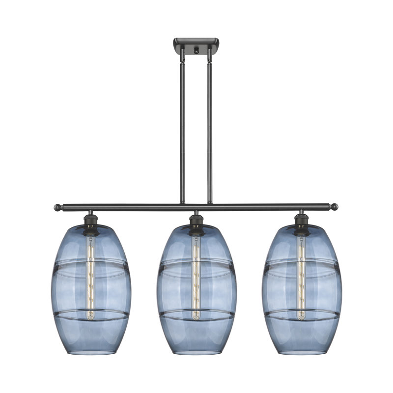 Luminaire suspendu pour îlot de cuisine 3 lumières Dundrod, Bleu princesse, Bronze huilé