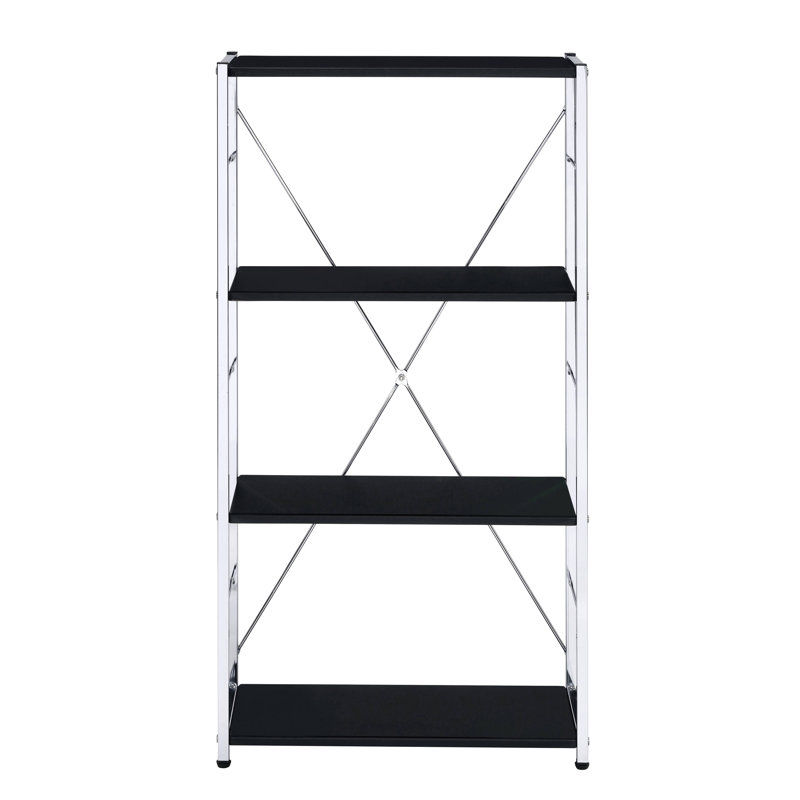 Black and Chrome 4-Tier Rectangular Bookshelf with Open Back Design, Black/Silver