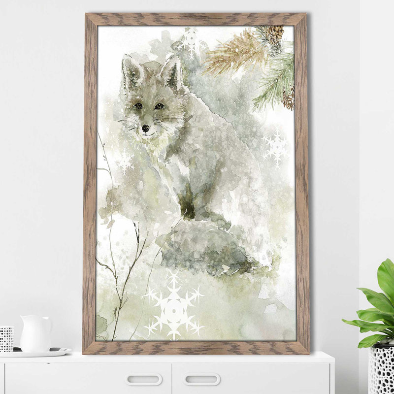 Winter Lodge Fox par - Peinture, Cadre taupe délavé, H 39,5 po x l 27,5 po x P 0,75 po