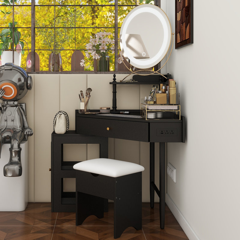 Ensemble de meuble-lavabo de coin avec tabouret de rangement rembourré et station de charge, bureau de maquillage triangulaire avec armoire latérale amovible, bureau de coiffeuse en verre avec tiroir et tablette, noir