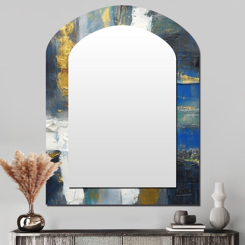 Ethereal Knowing Royal Blue And Gold I - Abstract Painting Asymmetrical Decorative Wall Mirror, Modern Arch Mirror, Printed Metal Art