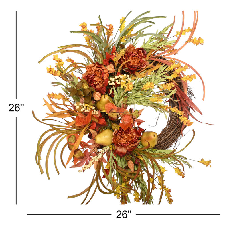 26" Artificial Fall Autumn Thanksgiving Pear Fruits Peony Front Door Wreath