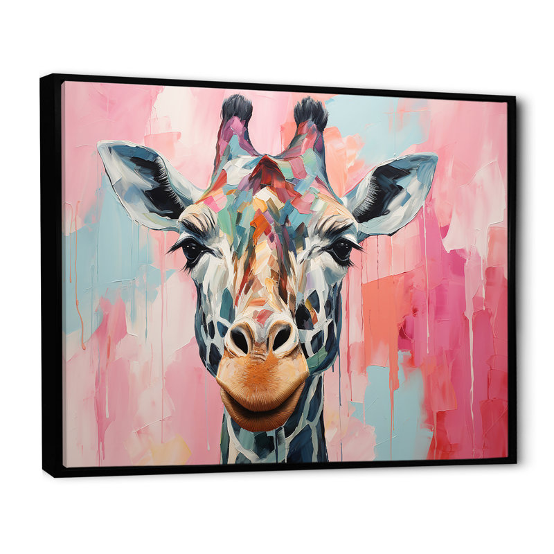 Portrait de girafe brune et rose - art mural girafe, Cadre flottant noir, H 34 po x l 44 po x P 1,5 po