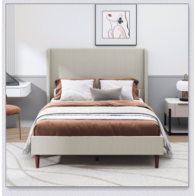 High Back Soft Bed, 12-Slat Support, High Quality Soft Bed, Easy To Assemble, Beige, Linen Cloth