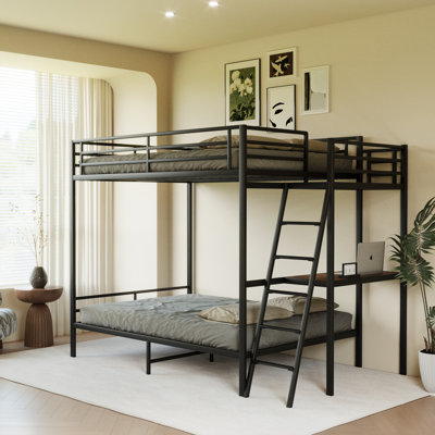 Full Size Bunk Bed with LED Lights and Built-In Charging Station, Modern Space-Saving Bed Frame for Bedroom, Black