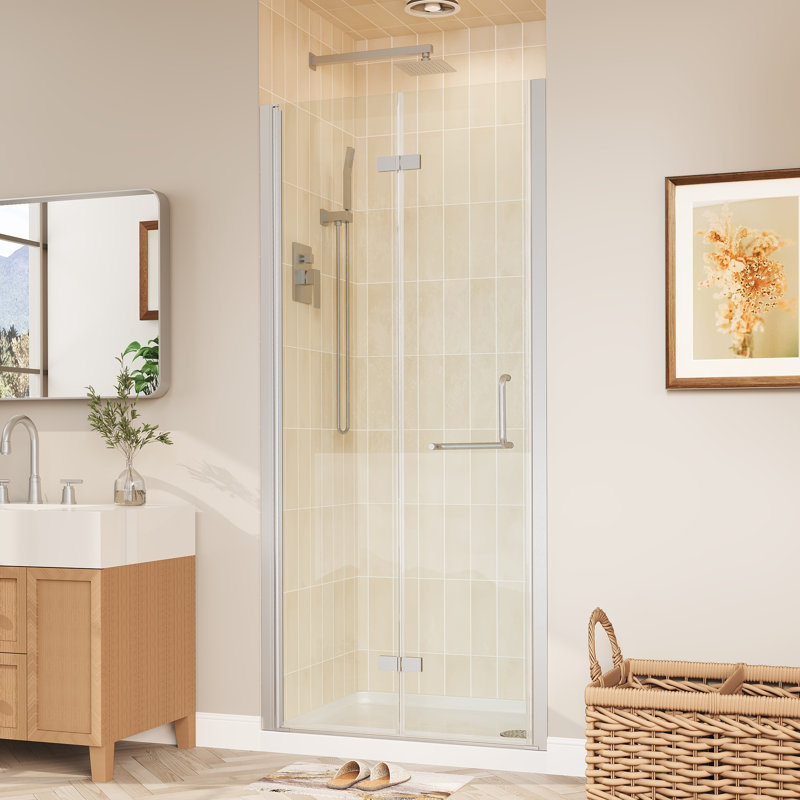 Space-Saving Bi-Fold Frameless Shower Door With Sleek Chrome Finish & Clear Glass, 34" x 72"