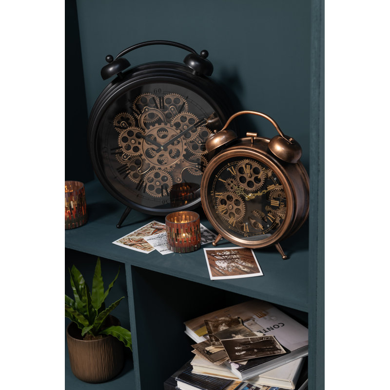 Aaira Roman Numeral Metal Mechanical Alarm Tabletop Clock in Black