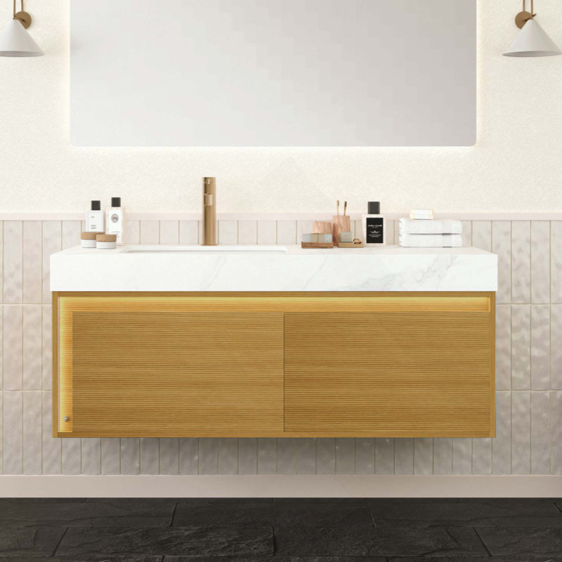 Meuble-lavabo de salle de bain, armoire de rangement flottante ultra-mince en contreplaqué, tiroirs avec capteur de lumière, plateau en pierre frittée et lavabo encastré en céramique, pré-assemblé