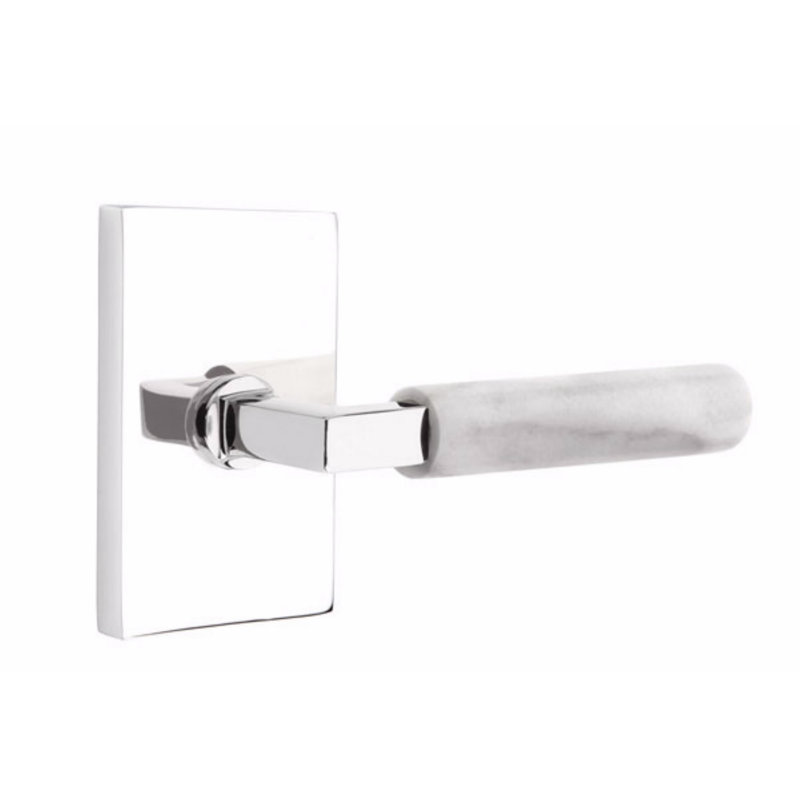Ensemble de leviers d'intimité Emtek Select, rosette rectangulaire moderne, tige carrée en L, poignée en marbre blanc, gauche