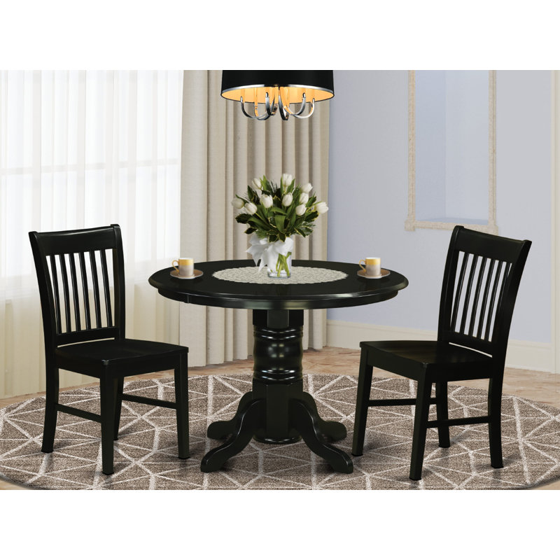 3 Piece Dining Room Furniture Set Contains a Round Dining Table with Pedestal and 2 Wood Seat Chairs, Black, Black, Black