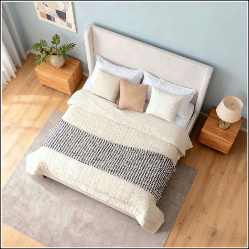 Harper Tall Headboard Upholstered Bed with 54 Inch High Headboard, Elegant Simplicity, No Box Spring Needed, Easy Assembly, California King, Textured Ivory Canvas