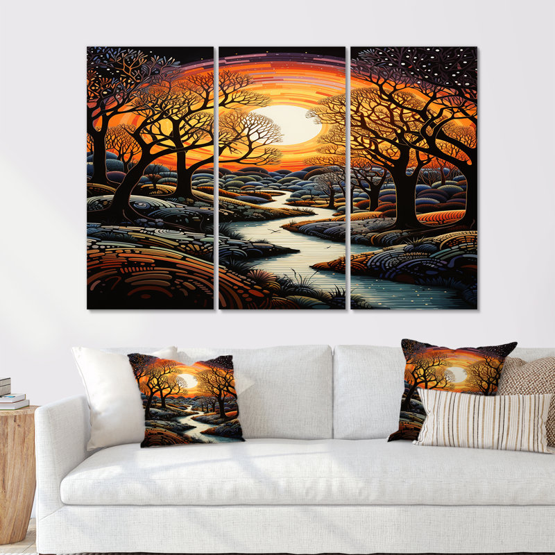 «Enchanted Forest Blue Stream Sunset - River», ensemble d'art mural, Toile tendue, H 40 po x l 60 po x P 1 po