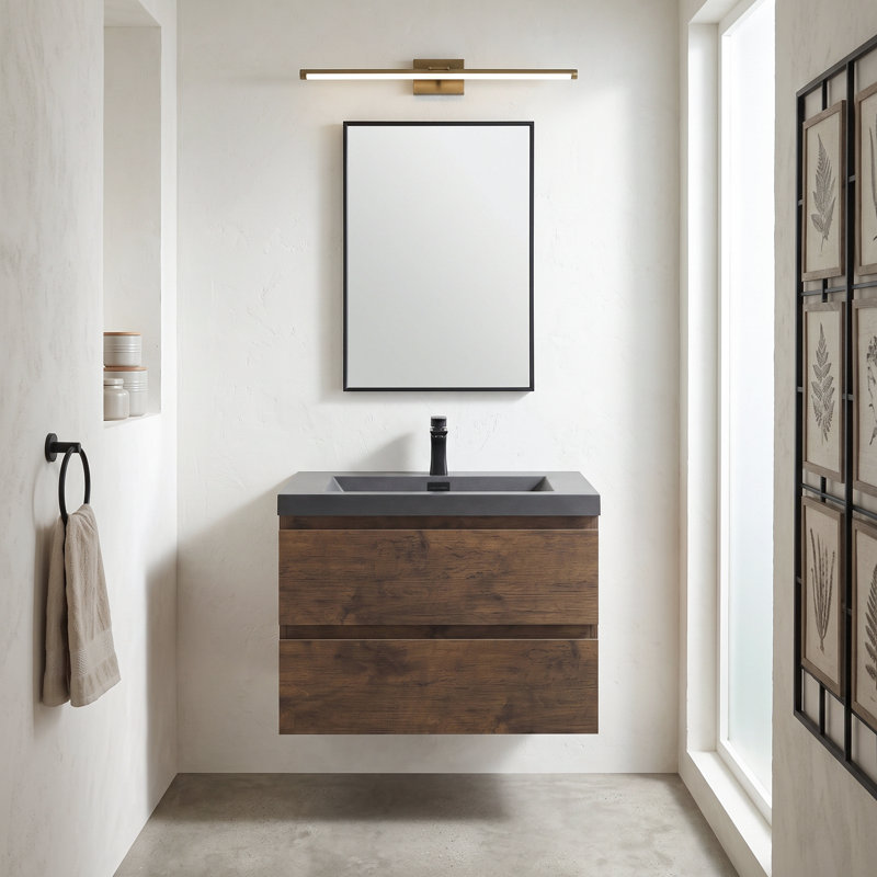 Meuble-lavabo suspendu de 76 cm (30 po) en mélamine en bois avec lavabo intégré en résine noire et quartz sable, armoire de salle de bain en palissandre avec tiroirs à fermeture douce et poignées supprimées