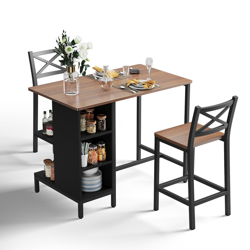 Industrial Style 3 Pieces Counter Height Dining Table Set With Storage Shelves, 41.3’’L Rectangular Dining Table With 2 Dining Chairs For Compact Kitchen Or Dining Room