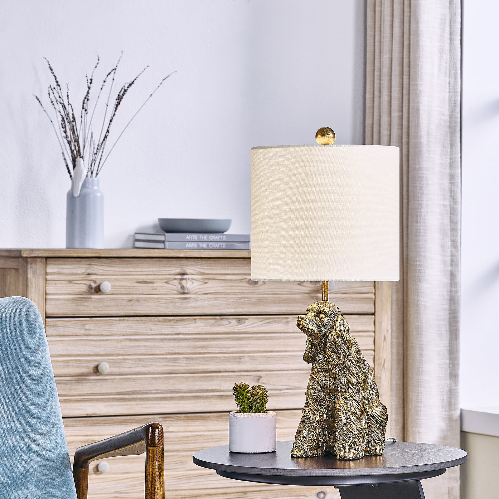 21" Antique Gold Resin King Charles Cavalier Table Lamp With Shade - Gold
