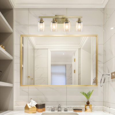 Gold 4-Light Bathroom Vanity Light with Clear Glass Shades, Modern Bathroom Wall Lights for Mirror Living Room Hallway Cabinet