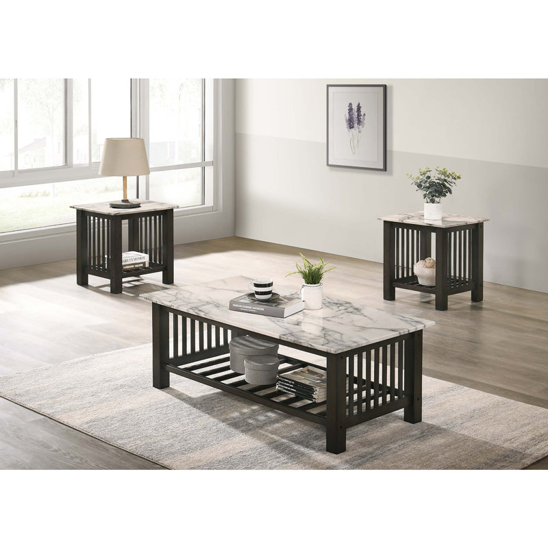 Ensemble de 3 tables d'appoint contemporaines avec plateau en faux marbre et 1 table basse et 2 tables de bout avec rangement ouvert