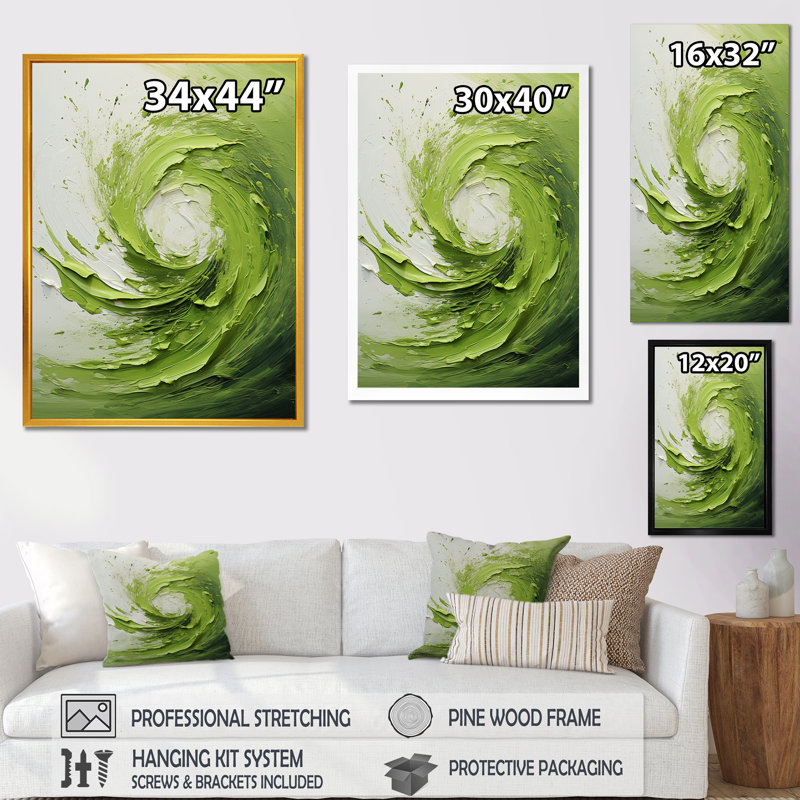 Vert et blanc, spirale abstraite V - Art abstrait spirales murales, Cadre flottant noir, H 32 po x l 16 po x P 1 po
