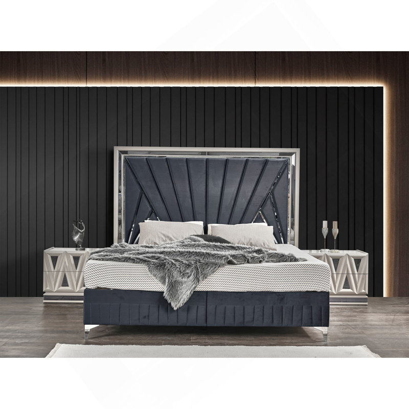 Grand lit tapissier contemporain avec rangement pratique et velours en tissu d'ameublement hydraulique gris minuit