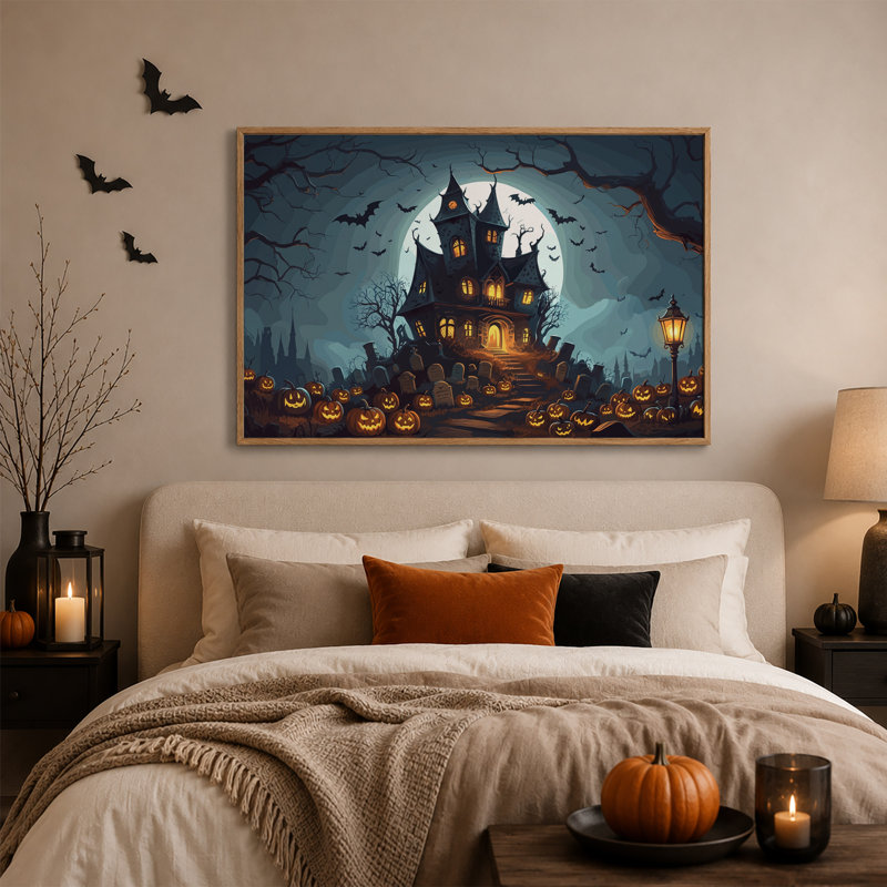 Art mural sur toile Spooky Haunted House Under Full Moon, H 24 po x l 36 po