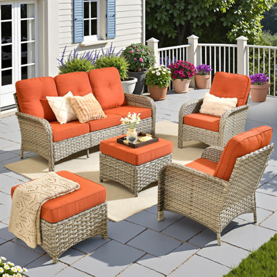 Ensemble de mobilier d'extérieur en osier 5 pièces avec coussins et repose-pieds