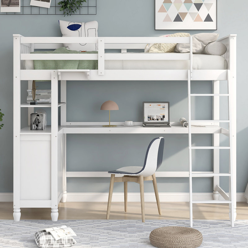 Lit mezzanine avec tiroirs et bureau, lit mezzanine en bois avec tablettes, Blanc