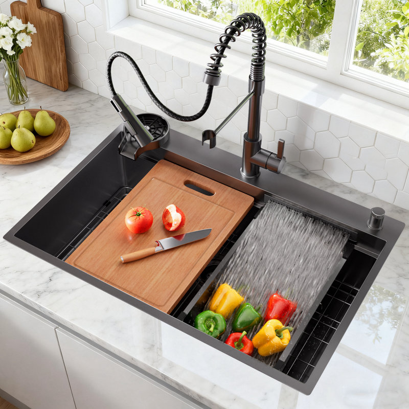 Évier de cuisine en cascade 33 po avec robinet escamotable noir