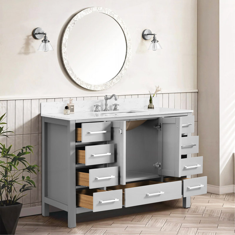 Meuble-lavabo sur pied 48 po, meuble-lavabo autoportant avec comptoir, armoire de rangement en bois massif gris, Gris