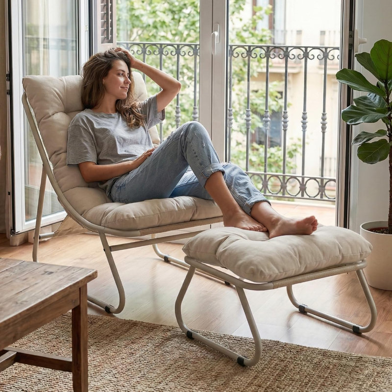 Chaise longue d'extérieur avec repose-pieds et coussins, Oléfine beige