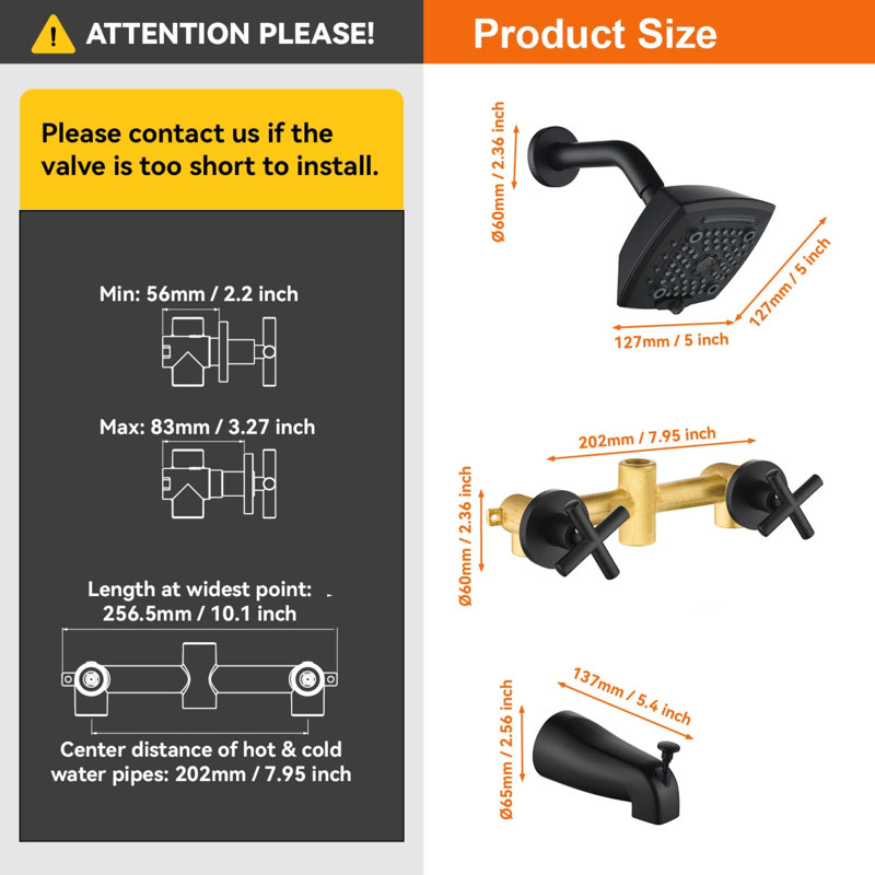 5 Inch Wall Mount Tub Shower System 2 Handle Shower Faucet Set Brass Shower Trim Kit With Rough-In Valve, Matte Black