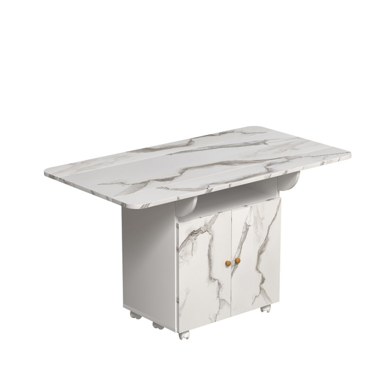 47" Wood Folding Dining Table With Storage Rack And Cabinet, Removable Entryway Table With 6 Wheels, White Marble Colour Kitchen Island, Side Table And Coffee Table Versatile Table