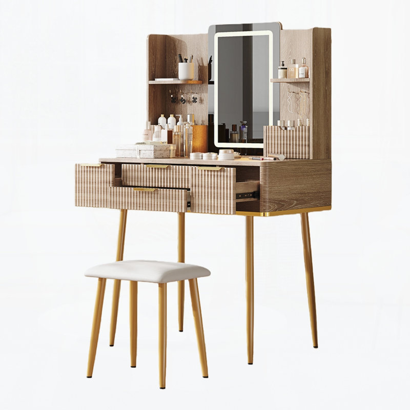 Bureau de coiffeuse à 4 tiroirs jaune brun avec miroir à DEL à intensité variable et tabouret en polyuréthane