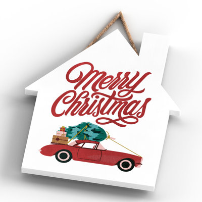 Xmas Merry Christmas Car Wooden House Plaque