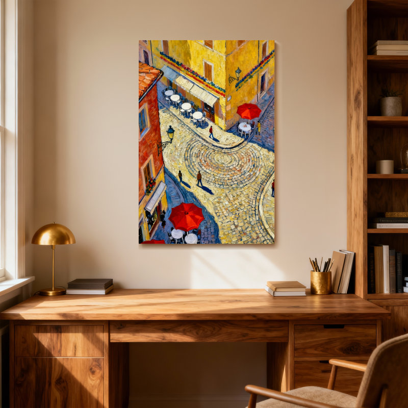 Paysage et nature, scène de rue européenne colorée avec des cafés, H 36 po x l 24 po