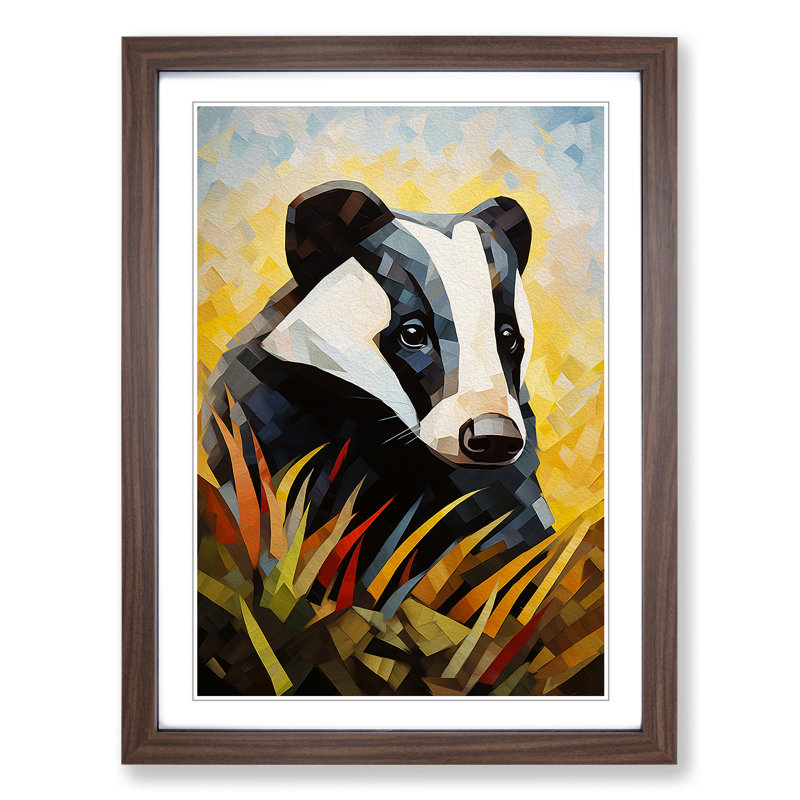 Badger Cubism Art - Framed Print, 46cm H x 34cm W, Walnut Framed